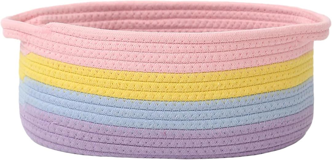 Woven Basket,Small Rope Storage Bin with Handles & Ribbon Bag, Organizer for Shelves Closets,Gift Basket Empty for Birthday,Books,Dog Toys, Rainbow (1 Pack)