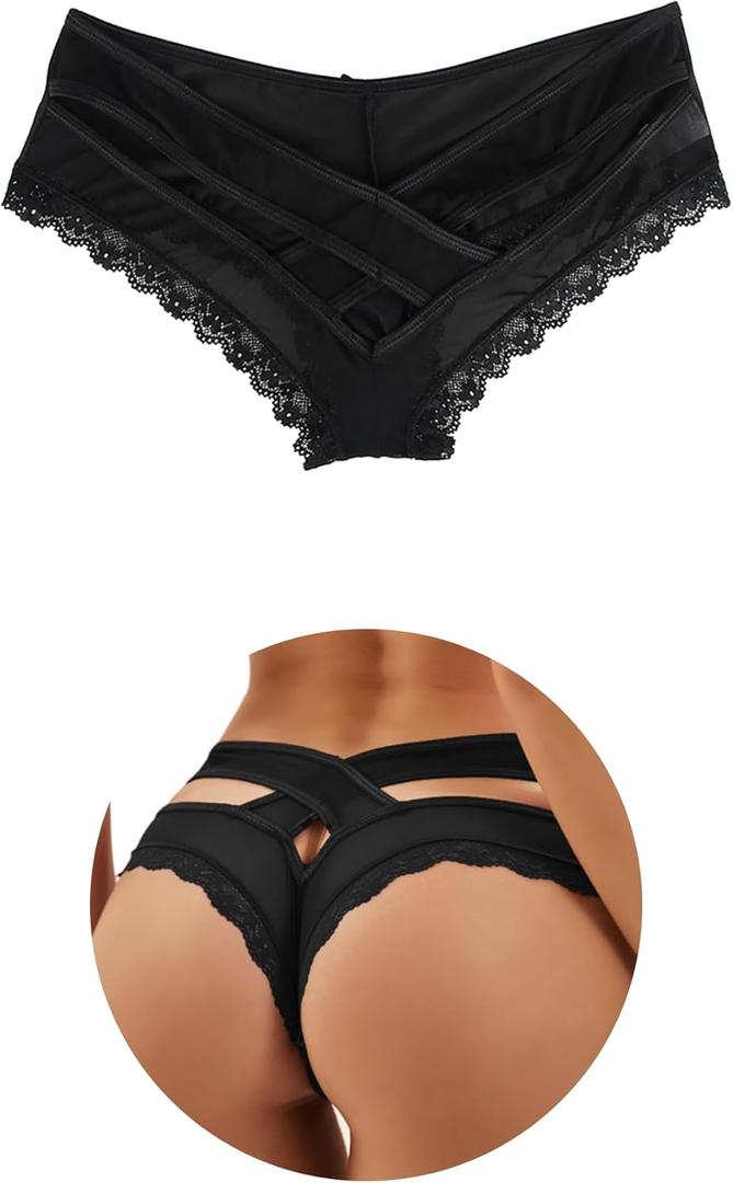 ohmydear Womens Sexy Cheeky Panties Lace Thongs Hipster Back Crisscross Strappy Underwear Plus Size Bikini Briefs XS-4XL (Medium-Large, 1pack-black)