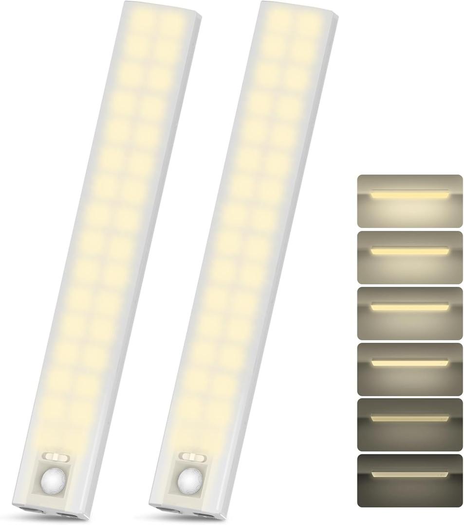 10 Under Cabinet Lighting, 68LEDS Motion Sensor Light Indoor, Rechargeable Battery Magnetic Closet Light, Wireless Under Counter Lights for Kitchen, Stairs, 2-Pack Warm Light