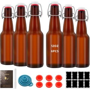Amber Beer Bottles with Flip Caps, 12oz Glass Bottle with Swinging Top for Airtight Lids, Home Brewing and Fermentation Kombucha, Vanilla Extract, Beverage, Water, Kefir (6)