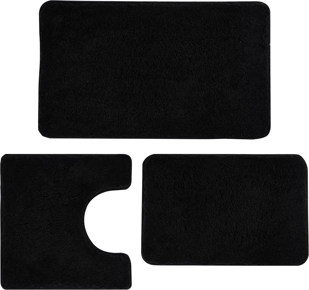 3 Pieces Luxury Bathroom Rug Set with U-Shaped Toilet Rug, Non-Slip Rubber Bottom, Thick Microfiber Fluffy Plush, Water Absorption, Quick Dry, Ultra Soft, Bath Mats for Bathroom, Tub(Black)