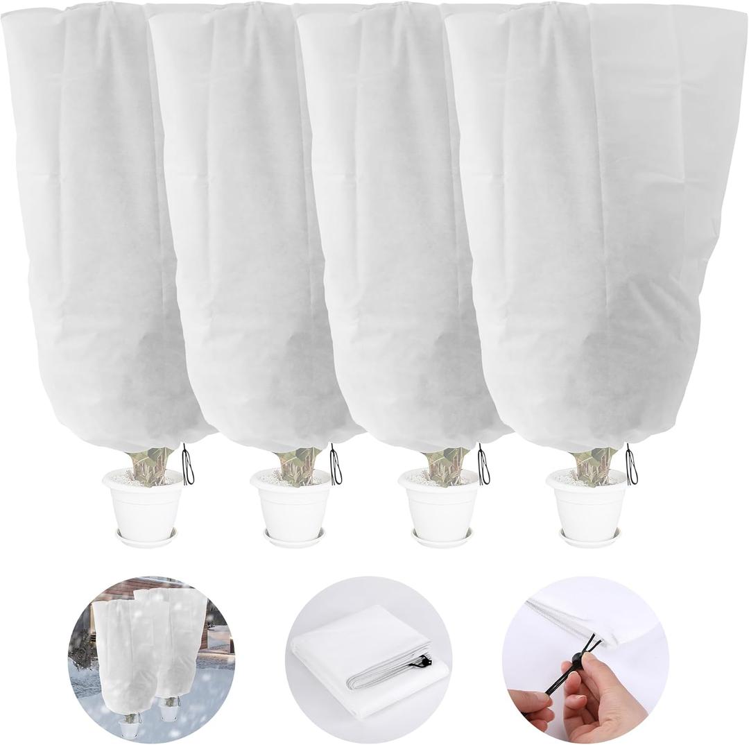 Alpurple 4 Packs Winter Drawstring Plant Covers - 47" X 31.5" Warm Plant Protection Cover Bags, Frost Cloth Blanket Protecting Fruit Tree Potted Plants from Freezing Animals Eating