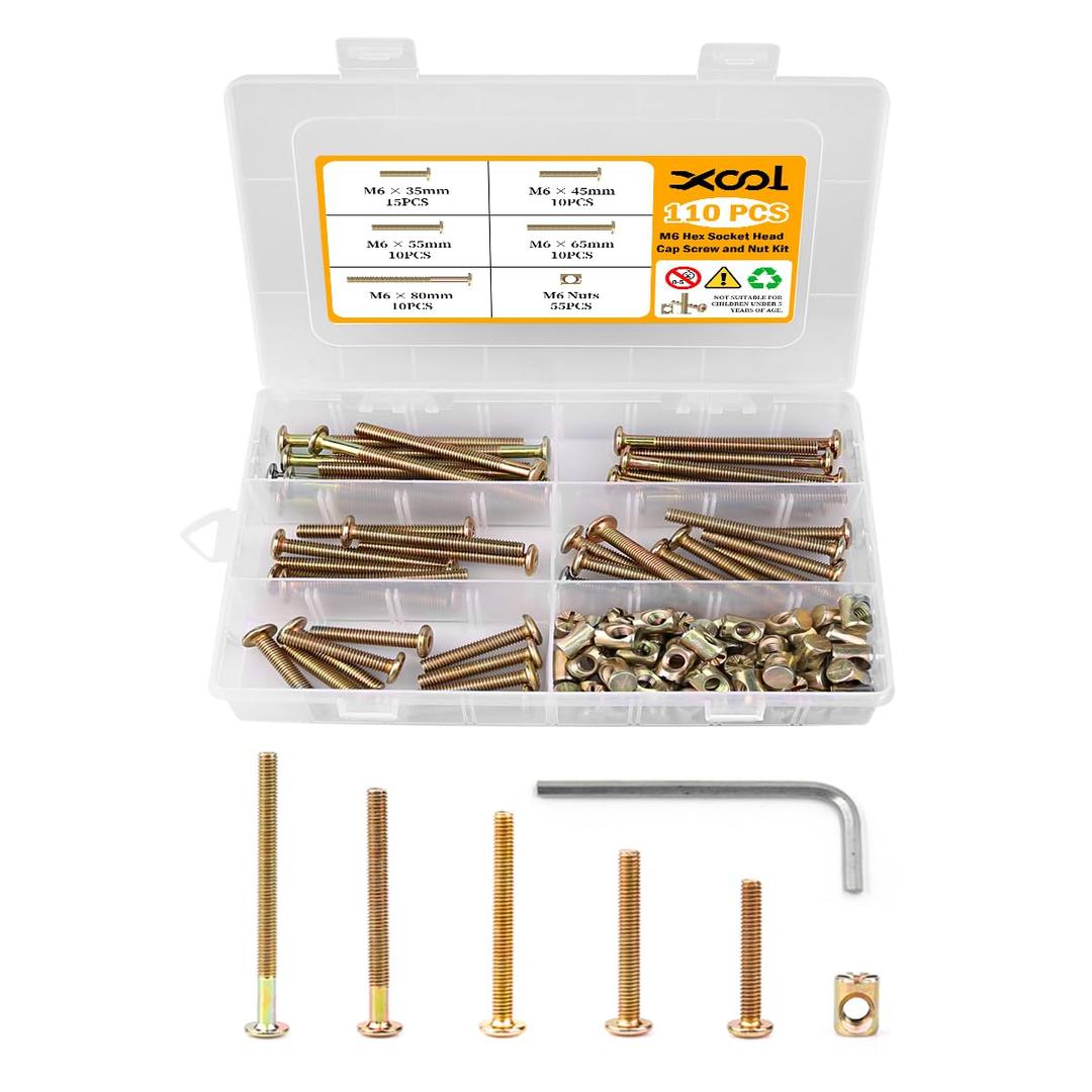 XOOL 110 PCS M680/65/55/45/35 mm Hex Socket Head Cap Screw Kit, Crib Bunk Bed Furniture Cot, Bunk Bed Replacement Hardware