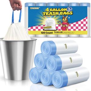 Small Bags 4 Gallon with Drawstring, 1.1 Mil 15 Liter White Thick Unscented Small Plastic Garbage Bags for Bathroom, Wastebasket Liners for Toilet Home Office and Bedroom (4 Gal-120)