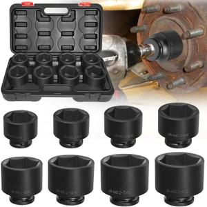 3/4" Drive Spindle Axle Nut Impact Socket Set, 6 Point Large Socket Set, CR-MO, 2-1/16" to 2-1/2", Heavy Duty Impact Socket Set Use In Removing And Installing Axle Nuts
