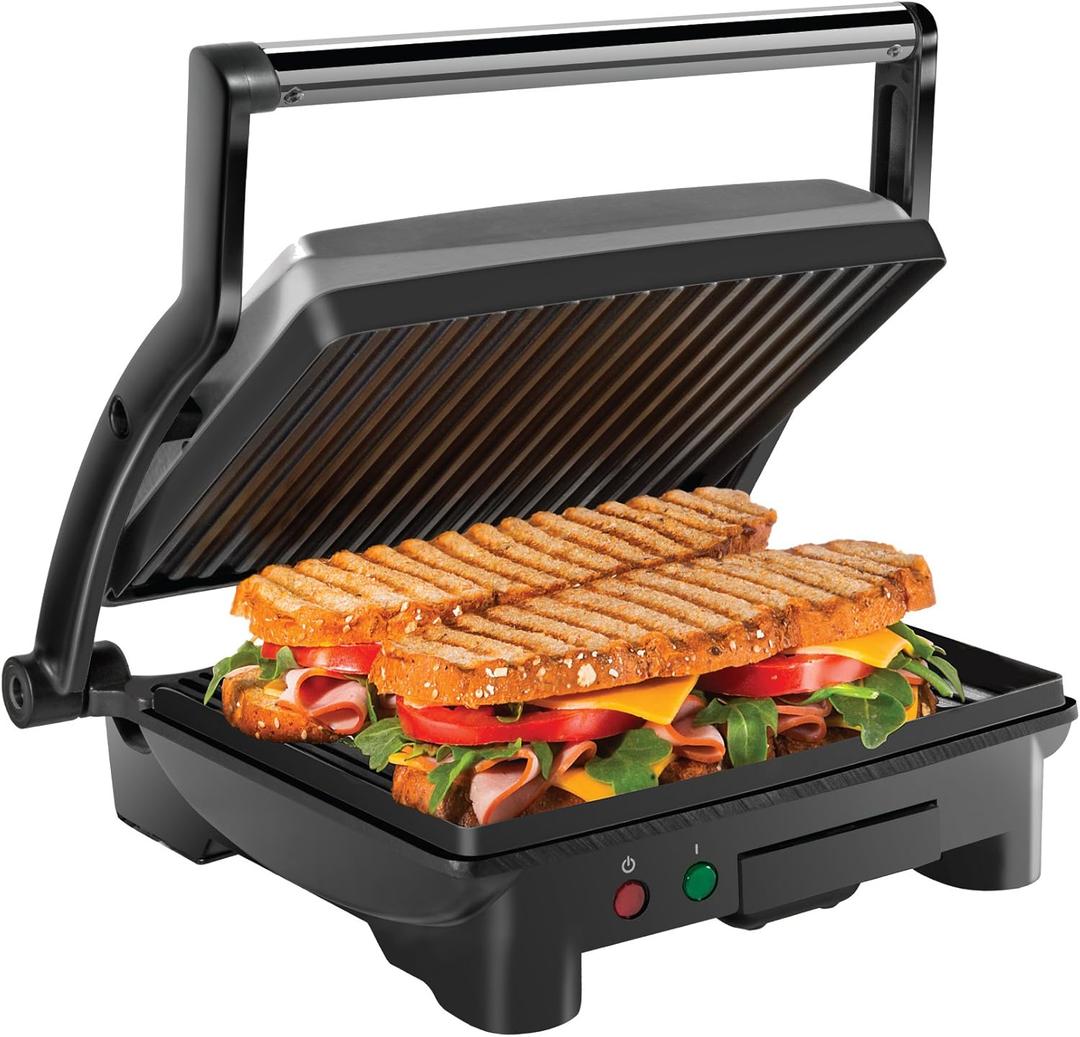 Chefman Panini Press Grill and Gourmet Sandwich Maker NonStick Coated Plates, Opens 180 Degrees to Fit Any Type or Size of Food, Stainless Steel Surface and Removable Drip Tray, 4 Slice, Black