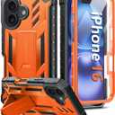 FNTCASE for iPhone 16 Phone Case: Military Grade [Built-in Screen Protector] [Kickstand] Matte Textured Drop Proof Protection Cover | Rugged Shockproof TPU Protective Sturdy Cases - Orange