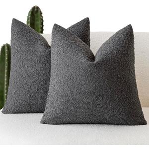 Foindtower Set of 2, Decorative Textured Boucle Throw Pillow Covers Accent Solid Pillow Cases Neutral Soft Cozy Couch Cushion Case for Chair Sofa Bedroom Living Room Home Decor 24 x 24 Inch Dark Grey (Charcoal)