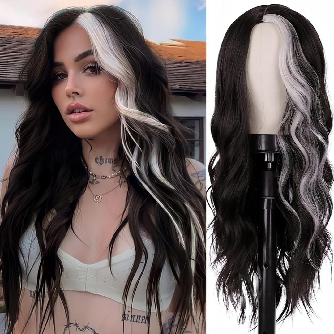Long Wavy Black White Wigs for Women 26 Inch Middle Part Curly Wavy Wig Natural Looking Synthetic Heat Resistant Fiber Wig for Daily Party Use