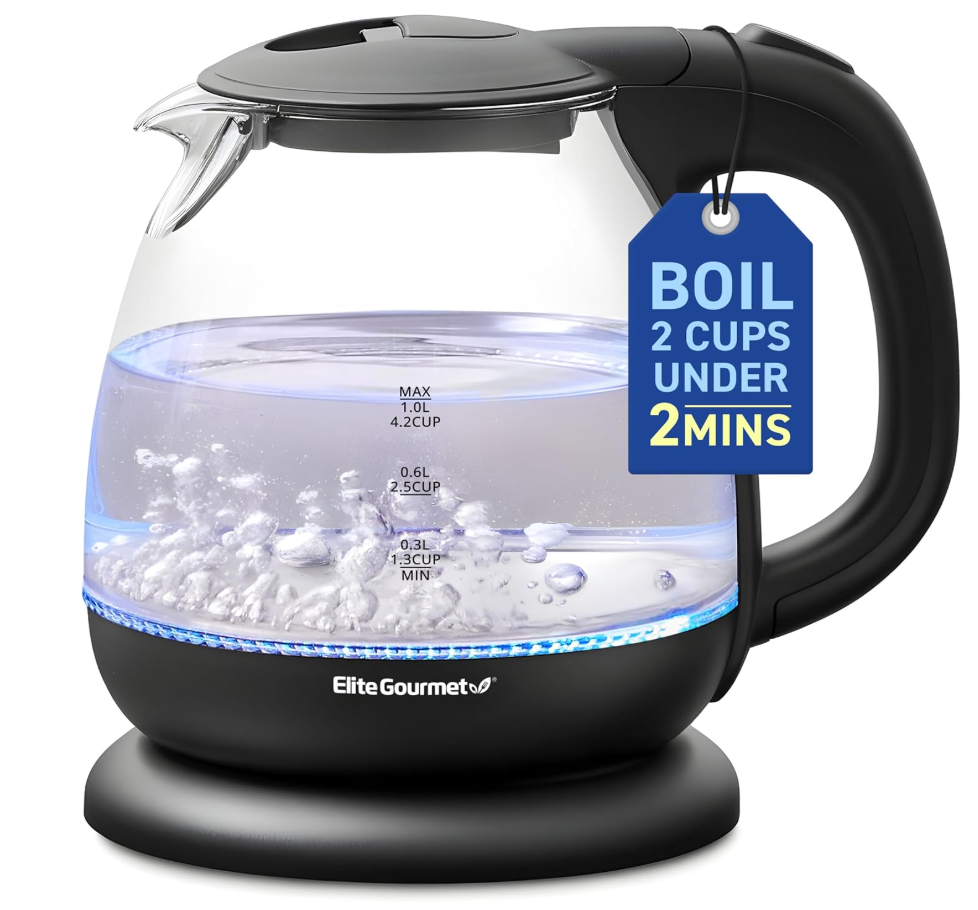 Elite Gourmet EKT1001 Electric 1.0L BPAFree 1100W Glass Kettle Cordless 360° Base, Stylish Blue LED Interior, Handy Auto ShutOff Function – Quickly Boil Water For Tea & More, Black