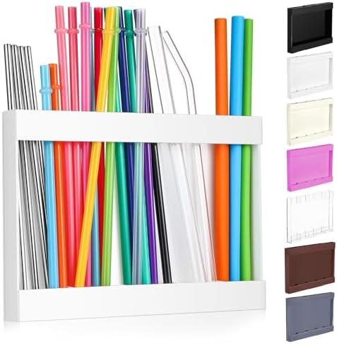 Qinyoung Acrylic Straw Holder for Cabinet Door with Double Sided Adhesive Tape Reusable Straw Organizer Tumbler Storage Kitchen Accessories Container for Counter Cupboard(Classic,Large,White)