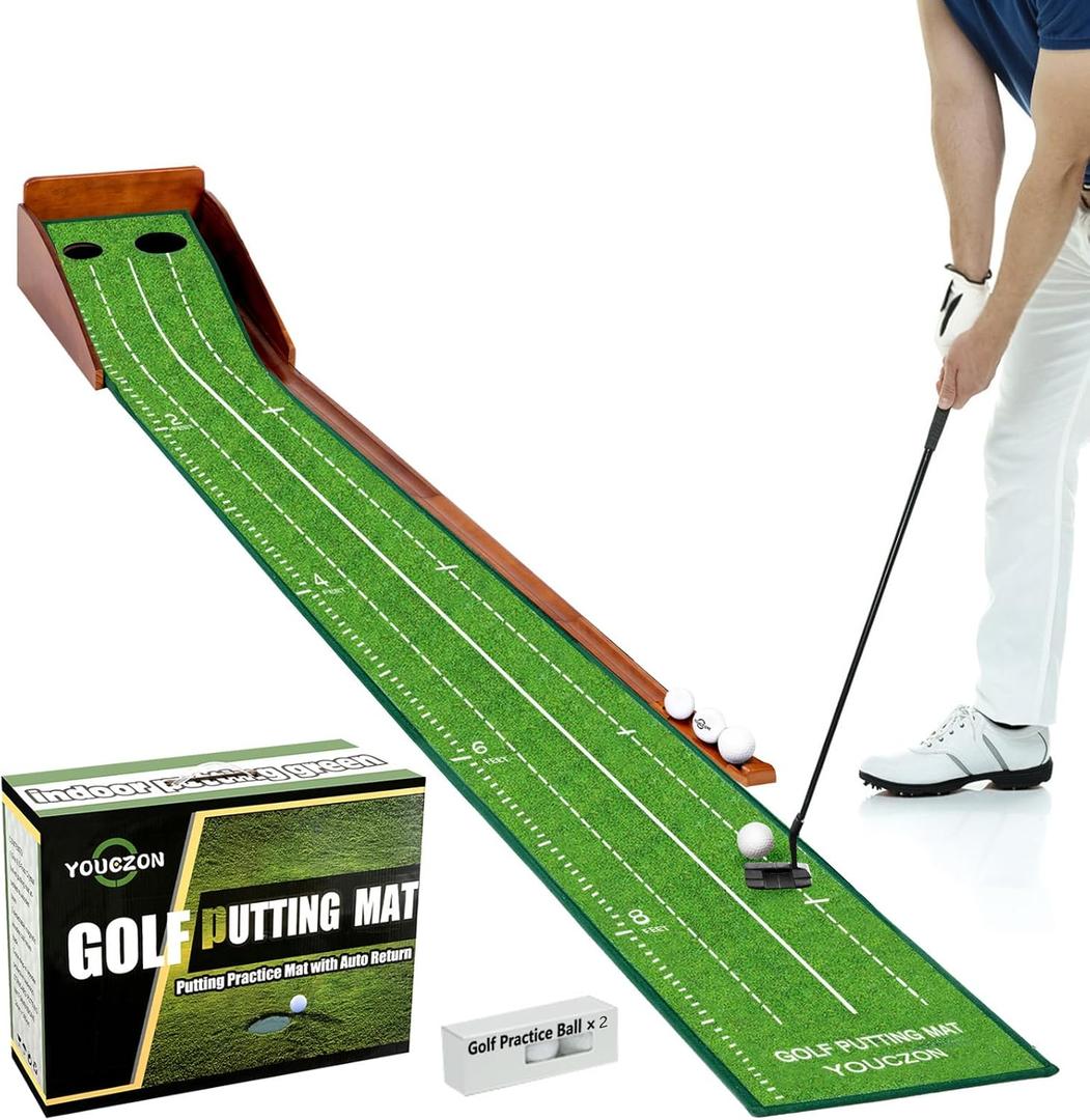 Putting Green Indoor, No Hump Golf Mat with Auto Ball Return - Easy to Fold Solid Wood Base, Luxurious Velvet Surface - Ideal for Home or Office and Golfers 