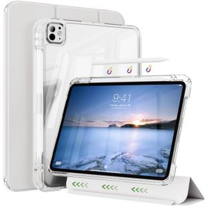 Case for iPad Pro 11 inch Case M5/M4 (2025/2024) with Pencil Holder, 2 in 1 Detachable Trifold Sliding Cover with Clear Hard Back Shell, Supports Pencil Pro Charging, Gray