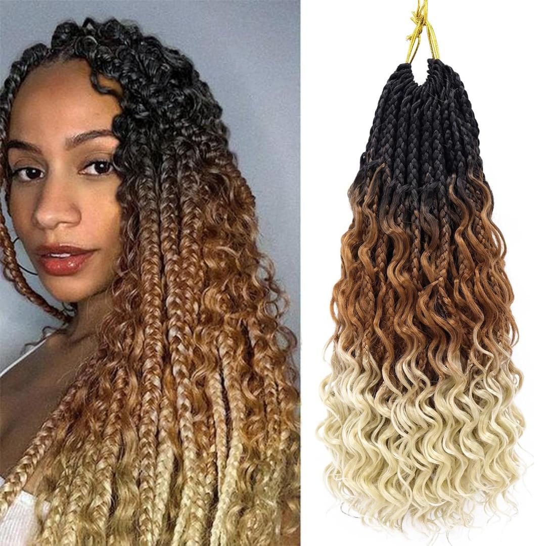 Goddess Box Braids Crochet Hair 12 Inch 8 Packs Pre-looped Bohemian Crochet Boho Box Braids With Curly Ends 3X Crochet Braids Hair for Women Synthetic Braiding Hair (12inch, T30/613)