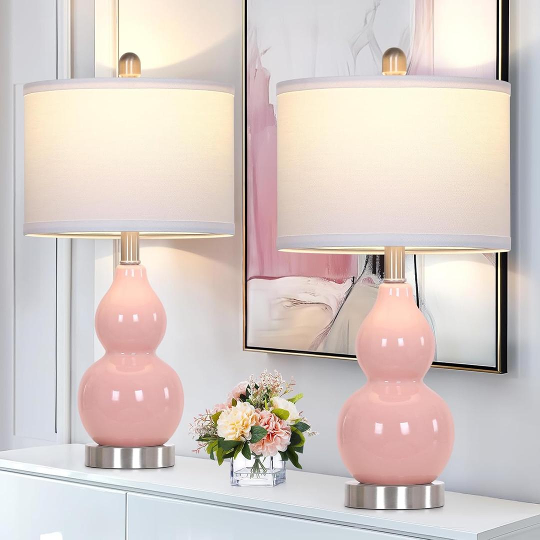 Double Gourd Ceramic Table Lamps Set of 2, Modern Pink Bedside Lamps for Night Stand, Contemporary Nightstand Lamps for Bedroom Living Room (Bulb Included)