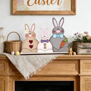 Rustic Easter Bunny Family Decor –3PCS Wooden 3D Layered Cute Bunny Figurines Set, Farmhouse Spring Table Centerpiece Tiered Tray Shelf Mantel Decoration