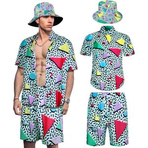 Geosar Men's 2 Pcs 80s 90s Outfit for Men Hippie Shirts and Shorts Set with Hat Neon Disco Halloween Party Costume Clothes (M)