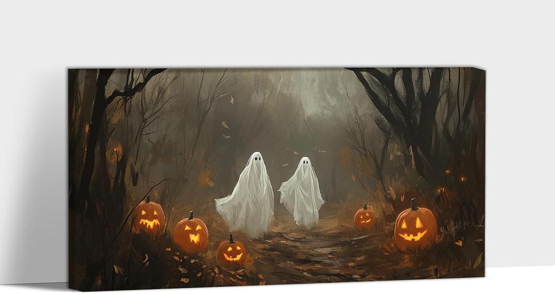 ANRUOXI Ghost Halloween Pictures Wall Decor, Framed Ghost Painting Halloween Canvas Wall Art Poster Prints Painting Artwork for Living Room Hallway Mantel Bedroom Bathroom Ready To Hang 12x24'' (S-1224 inches)