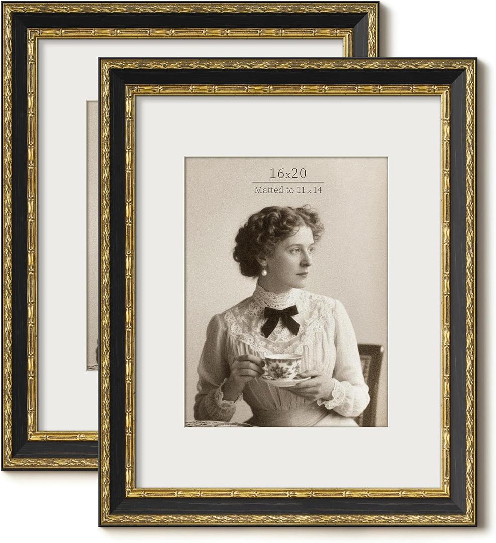 Vintage 16x20 Picture Frame, Ornate Antique Gold 16x20 Frame, Display 11x14 with Mat or 16 x 20 without Mat for landscape or Portrait, Gallery Wall Decor for Home (Black/Gold, 2 Pack)
