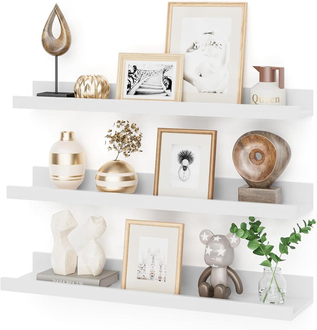 24 Inch Picture Ledge Shelf with Lip,White Floating Shelves for Wall Set of 3,Wall Shelves in Varying Depths for Living Room,Bedroom,Nursery,Bookshelf