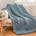 Chunky Knit Blanket Throw Knitted Throw Blankets for Couch Bed Fluffy Soft Blanket with Jumbo Chenille Yarn Thick 100% Handmade (Dusty Blue)