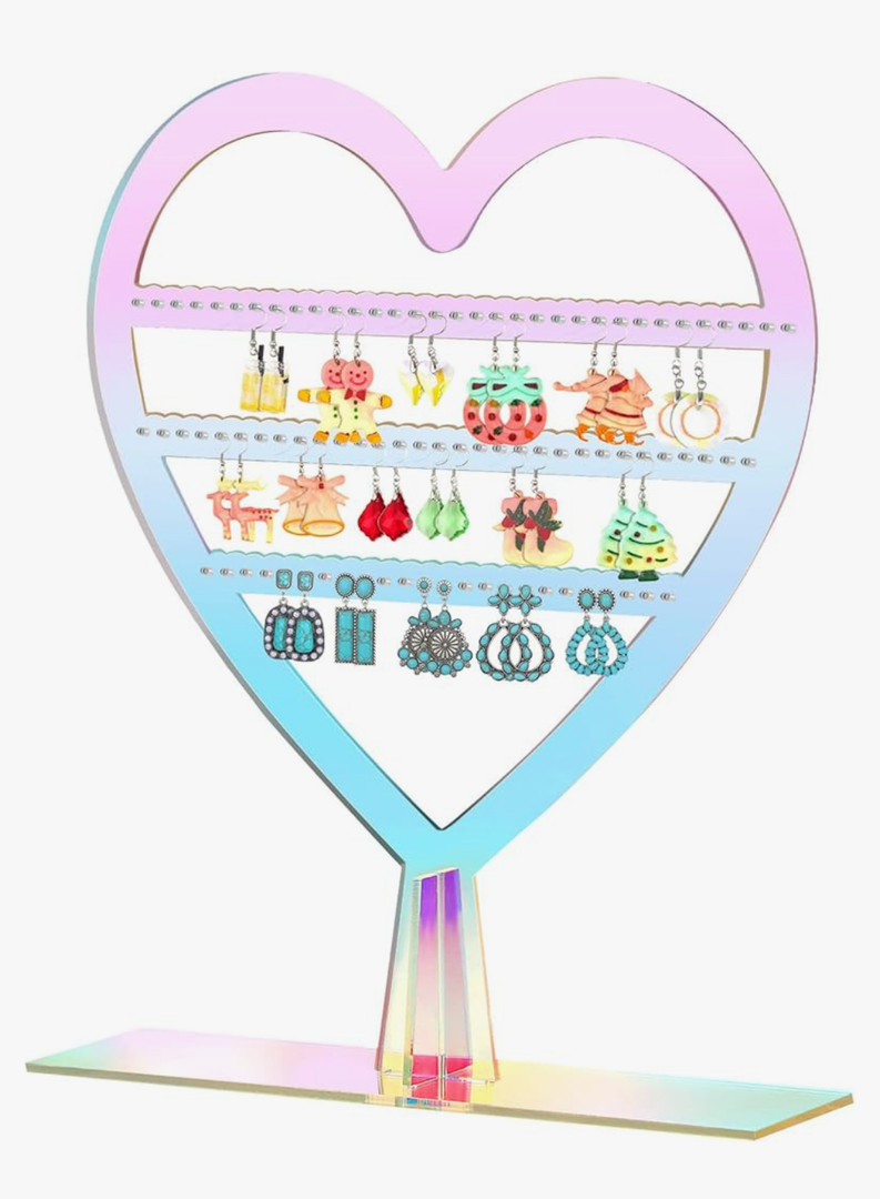 Qunclay Earring Holder Heart Shaped Jewelry Display with Holes 2 Tiers Earring Stand Aesthetic Cute Acrylic Rack for Women Dresser Nightstand Countertop Jewelry Organizer (Rainbow)