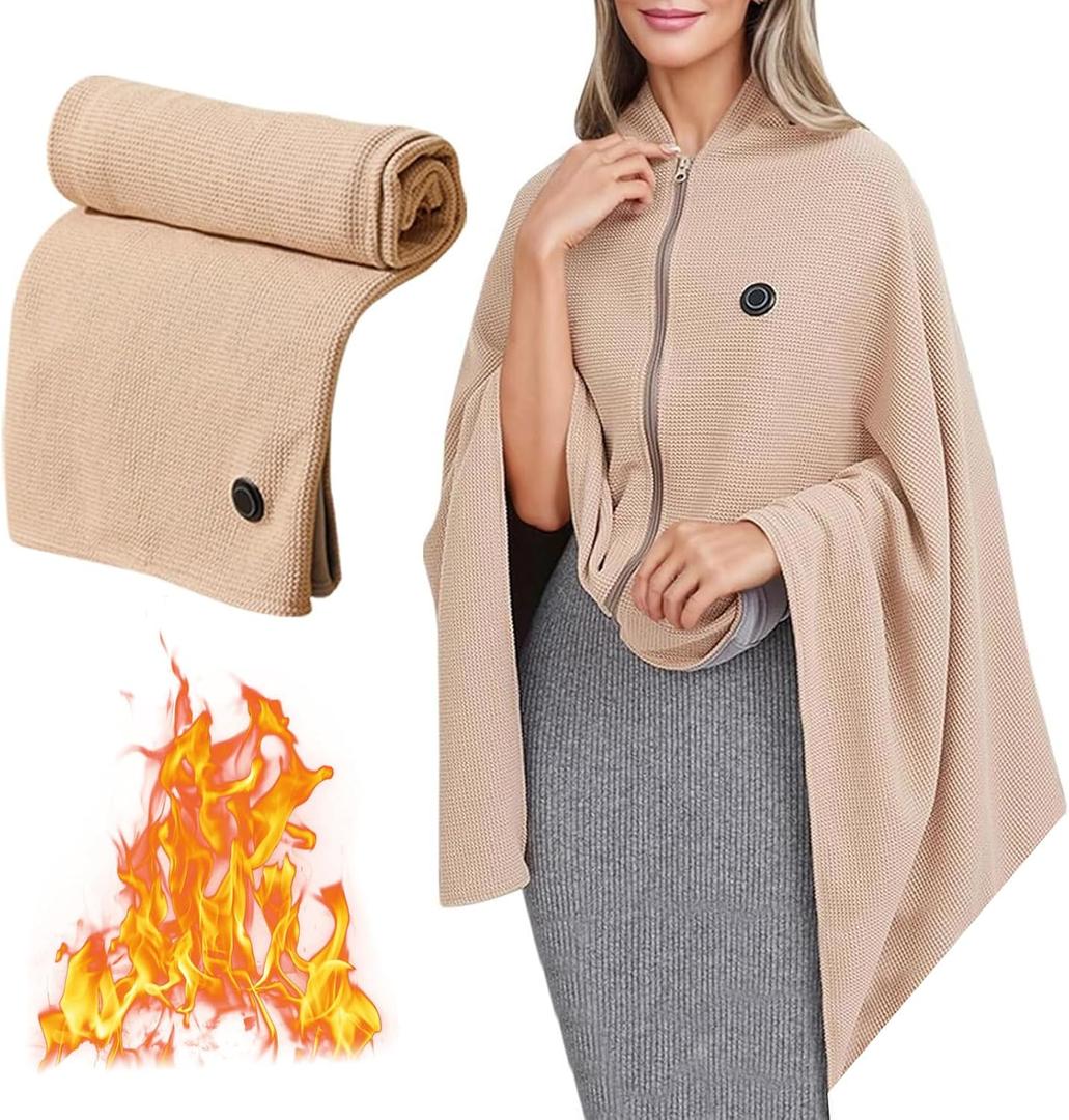 Heated Shawl Wraps for Women,Portable Heated Blanket,Waffle Knit Cordless Heating Shawl USB Electric Heated Blankets with 3 Heating Levels,Soft Zipper Wearable Heating Blanket for Outdoor,Home (C)