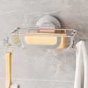 LEVERLOC Bar Soap Holder Dish with Hooks, Soap Tray Suction Cup Wall Mounted for Shower, Stainless Steel Sponge Holder Caddy for Bathroom Kitchen Sink Organizer, Rustproof, Silver (1 Tier)