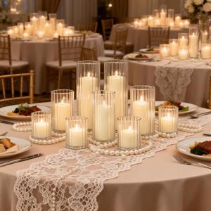 36 Pack Ivory Pillar Candles + 36 Pack Vertical Ribbed Clear Glass Cylinder Holders, Hurricane Candle Shades for Wedding, Home, Party Table Centerpieces Decor