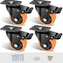 3" Caster Wheels Set of 4, Heavy Duty Casters with Brake, No Noise Locking Casters with Orange Polyurethane (PU) Wheels, Swivel Plate Castors Pack of 4