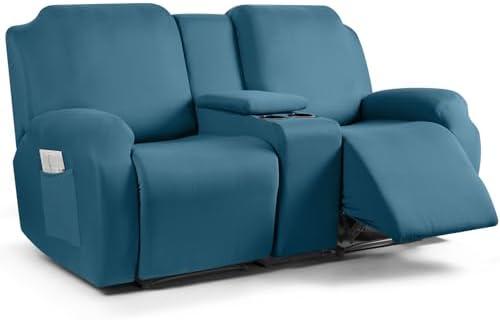 TAOCOCO Reclining Loveseat with Middle Console Slipcover, 4 Piece Polyester Fabric Stretch Loveseat Reclining Sofa Covers (P Blue, 2 Seat Recliner Cover with Console)