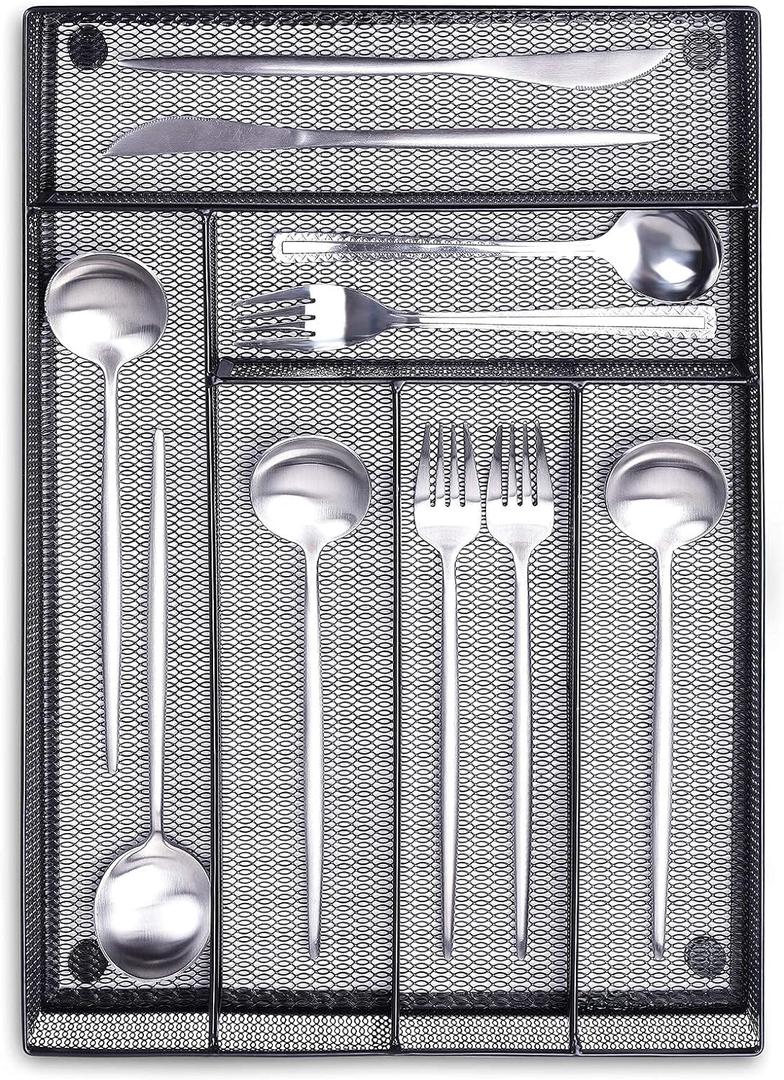 WuGeShop 6 Compartments Metal Mesh Kitchen Flatware Organizer Tray, Silverware Drawer Organizer/Utensil Holder and Cutlery Tray with Non Slip Mat (Black)