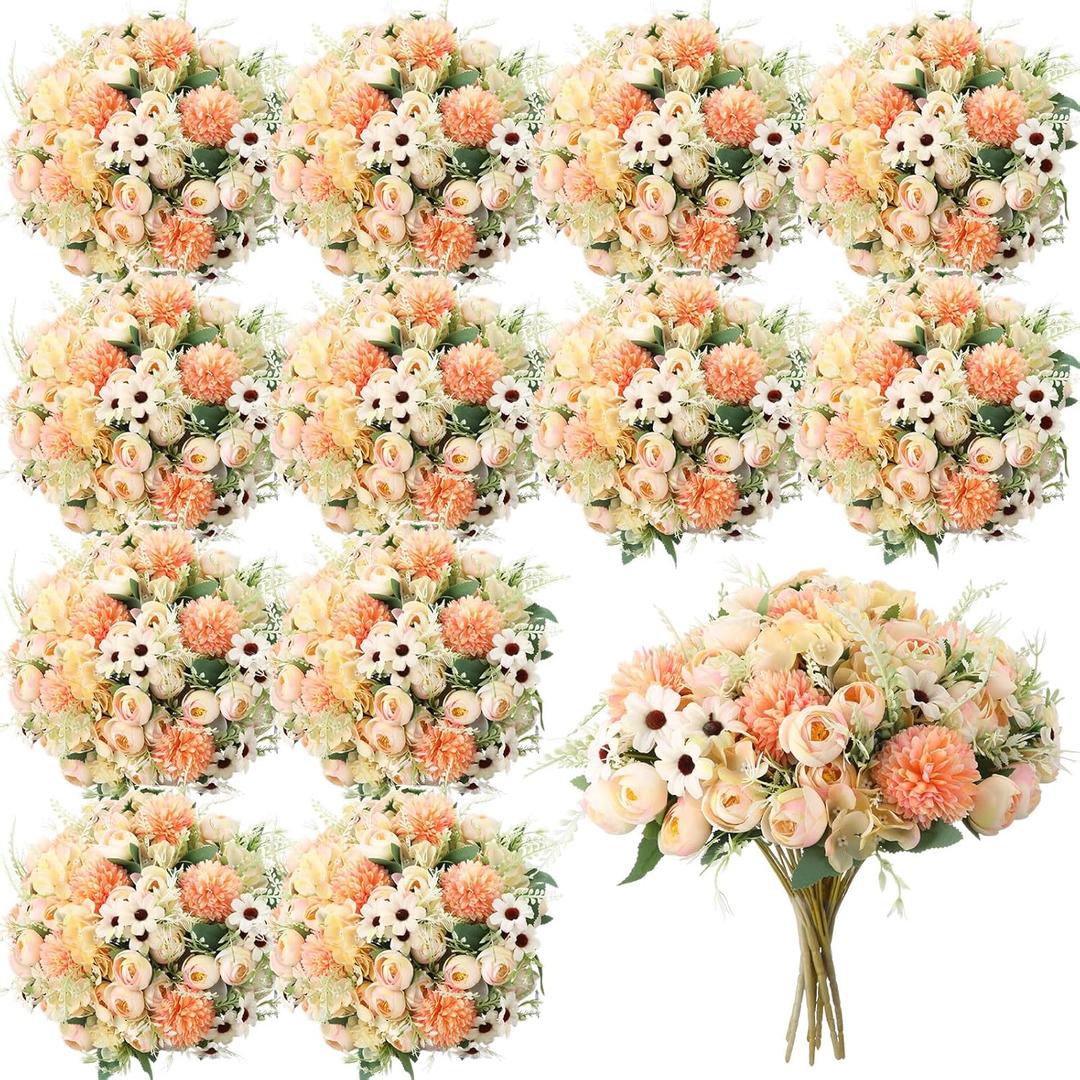 Tigeen 12 Bundles Peonies Artificial Flowers Faux Roses Silk Flowers Hydrangea Artificial Bouquet for Wedding Table Centerpiece Floral Vase Home Office Bridal Decor (Champagne)