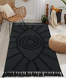 Uphome Boho Area Rug 3'x5' Washable Evil Eye Tufted Bedroom Rug with Tassels Soft Cotton Woven Entryway Rug Modern Minimalist Dark Gray Floor Carpet for Home Living Room Kitchen Hallway