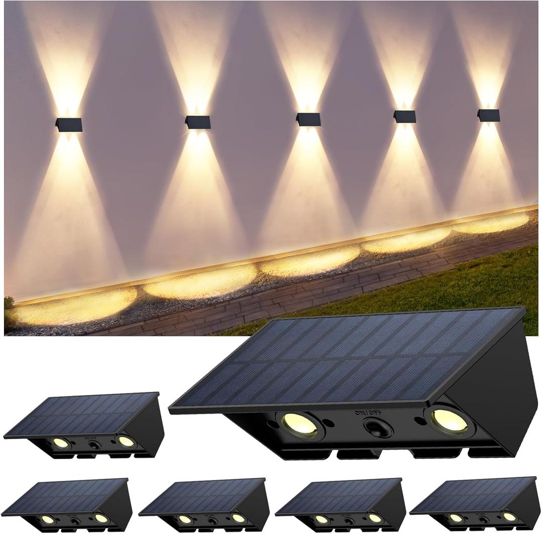 Solar Fence Lights with 4 Bulbs, 6 Pack WarmWhite Fence Lights Solar Powered, IP54 Waterproof Solar Wall Lights for Up&Down, Dusk to Dawn 12 Hours Auto Illuminate for Deck/Wall/Step/Patio/Yard/House