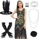 FEPITO 1920s Flapper Dresses for Women, Fringed Sequin Great Gatsby Dress for Women with 20s Accessories, Roaring 20s Costume (Small, Greenstyle 3)
