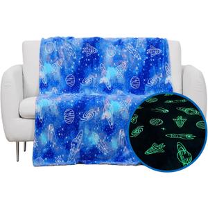 Wesan Glow in The Dark Galaxy Blanket Space Gifts for Kids Boys Girls Outer Space Planets Spaceships Astronomy Starry Sky Throw Birthday for 1-13 Year Teenage Teens Blue 50"x60"