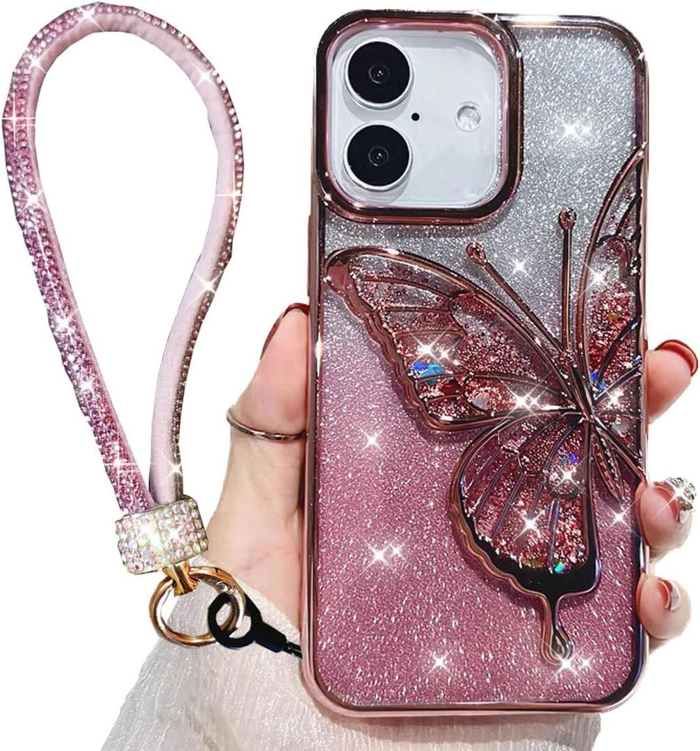for iPhone 16 Plus Case Cute Bling Glitter Girly Butterfly, Luxury Electroplate Flowing Liquid Aesthetic Women Cover with Bling Wrist Strap Lanyard for iPhone 16 Plus (Pink)