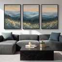 Framed Mountain Landscape Wall Art for Living Room, Large Watercolor Wildflower Scenic Artwork for Walls, 3 Piece Boho Foggy Nature Aesthetic Canvas Painting Print for Bedroom Office Kitchen, 24x36 In