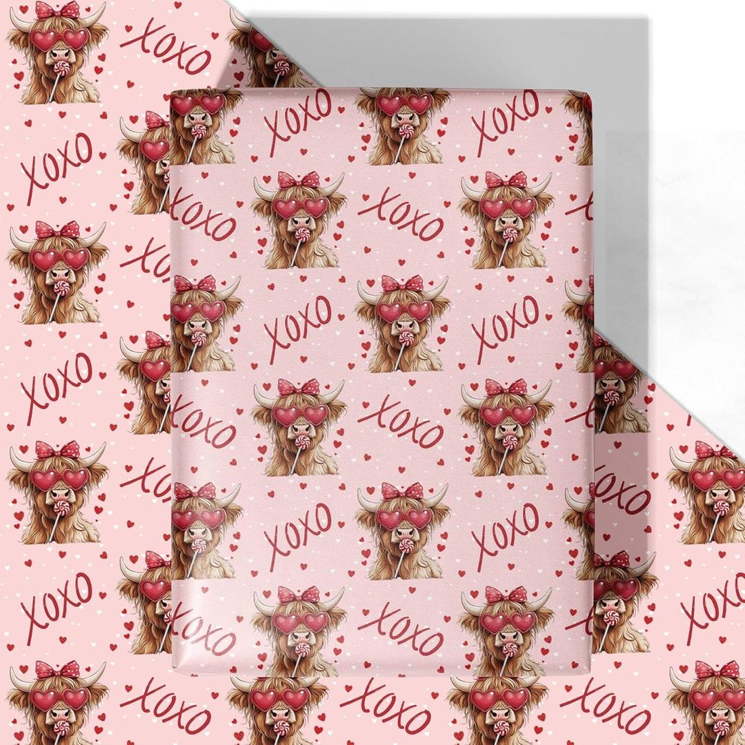 3 x WRAPLULU Valentine's Day Wrapping Paper - 4 Jumbo Sheets, 28 * 40 Inches - Pink Gift Wrap with Cute Highland Cow, Hearts, Bow, Candy and 'XOXO', Perfect for Valentines Couples Girlfriend Boyfriend
