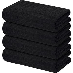 Homaxy Microfiber Waffle Weave Kitchen Towels, 16 x 28 Inch Ultra Absorbent and Solid Color Dish Towels, 4 Pack, Black