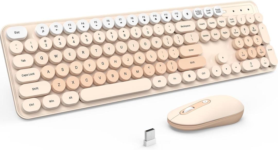 Wireless Keyboard and Mouse, Silent Keyboard Mouse Combo, Full-Sized Colorful Typewriter Keyboard with Round Keycaps, 2.4G Cute Mouse Compatible with PC/Laptop/Computer(Milk Tea)