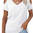 Amoretu Women's Short Sleeve Shirts Cold Shoulder Tops V Neck Blouse Tunic Shirts (White, XL)