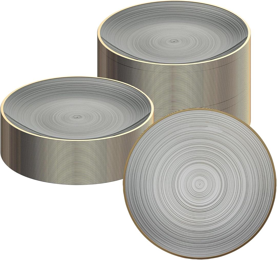 Restaurantware Plastic Plates 20 Pcs 7.25" Gold Rimmed Disposable Plates Heavy-Duty Black Translucent Rippled Plastic Dinner Servers for Party, Weddings, Salads, Desserts, and Appetizers