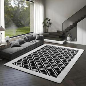 Washable Rug 5x7 Soft Textured Area Rug with Non-Slip Backing, Modern Luxury Checkered Design, Machine Washable Carpet Perfect for Living Room, Bedroom, and Dining Room, Black