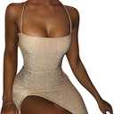 Women's Sexy Glitter Spaghetti Strap Bodycon Lace Up Backless High Split Long Maxi Dress Party Night Club Cocktail Dresses (Khaki, Size S)