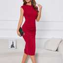 Ihot 2026 Women's Mock Neck Side Slit Ruched Bodycon Cocktail Party Wedding Guest Midi Dress (Red, S)
