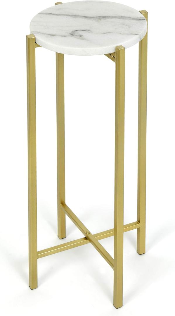 Urban Lifestyle White Marble Collapsible Side Accent Drink Table with Gold Metal Legs, 8.5 in x 8.5 in x 22.5 in