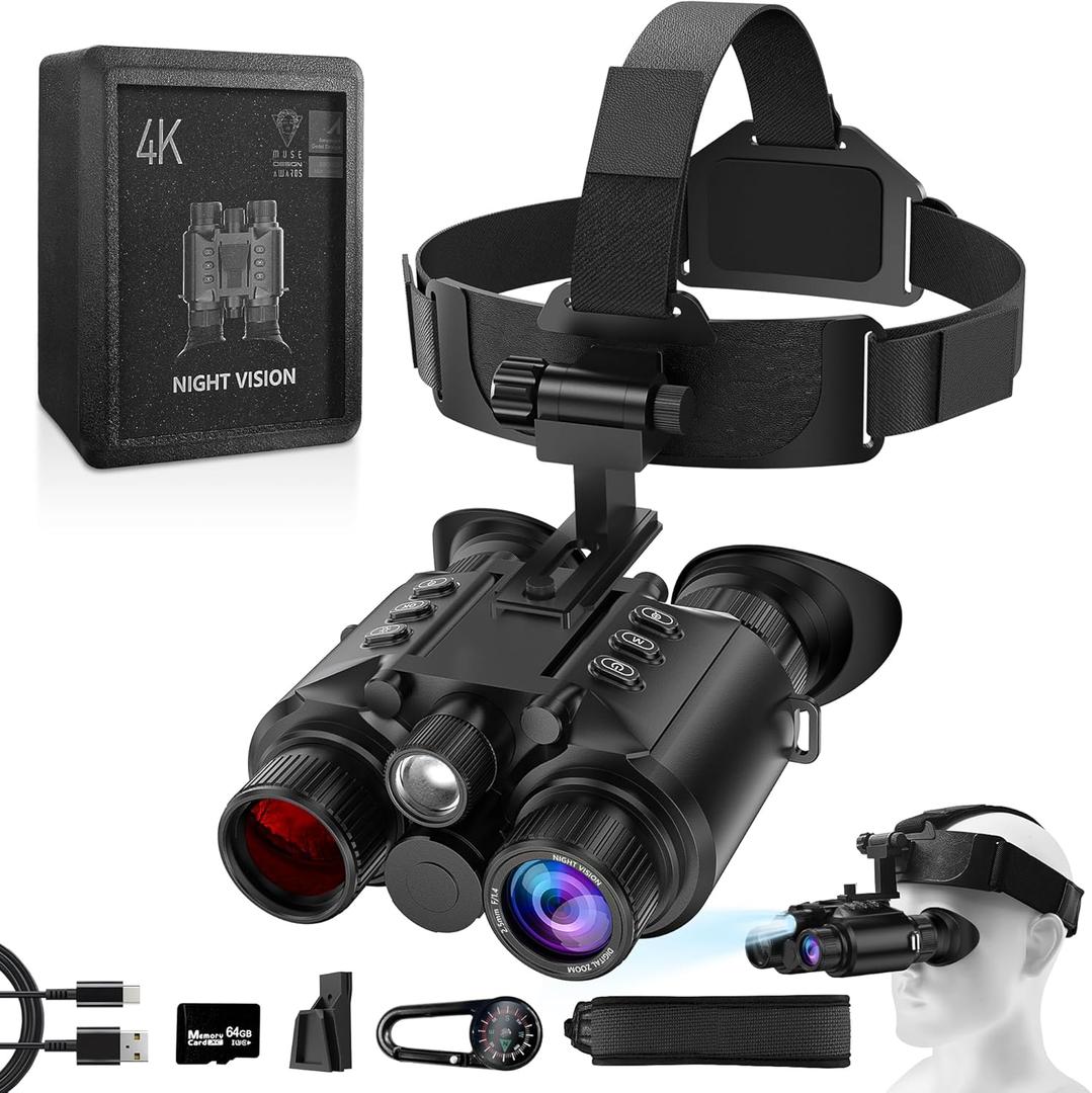 YAYASO Night Vision Goggles for Adults 4K 2000FT - Head Mounted Night Vision Binoculars, Infrared Goggles with 64GB Card, Adjustable Light, 8X Digital Zoom, for Outdoor Exploration,Camping