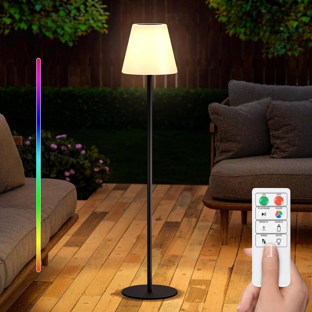 Solar Outdoor Floor Lamp USB Rechargeable Cordless Dimmable RGB Warm White LED Lights for Yard Garden Patio, Black 7"D x 7"W x 59"H